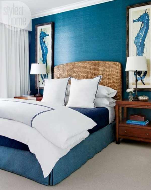 Kamar dengan tema nautika, dekorasi pantai, dan warna biru laut